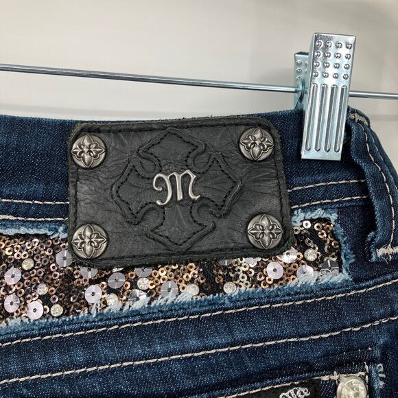 Miss Me Dark Blue Wash Easy Boot Sequin Stretch Flap Pockets Bootcut Jeans Pants - Picture 11 of 11